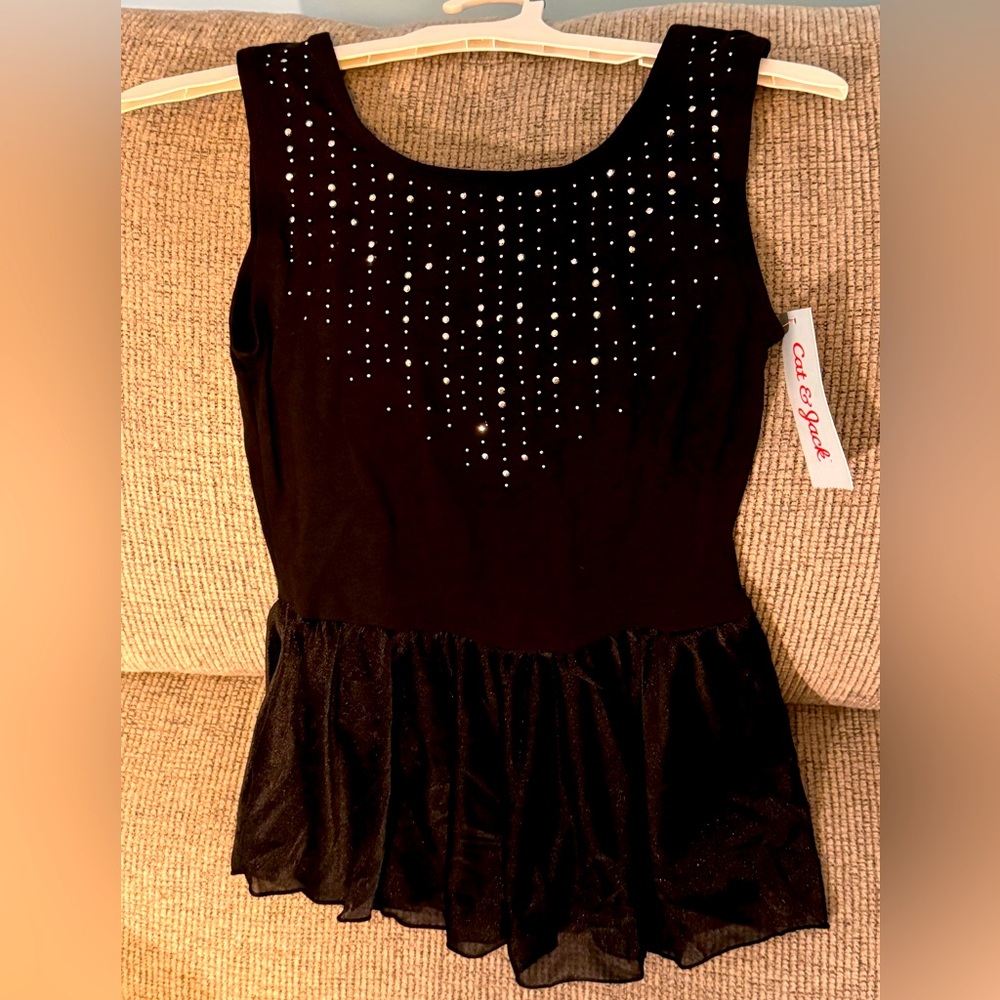 Black Ballet Dance Leotard * Girls size L 10/12 * Sheer Skirt * Rhinestones *